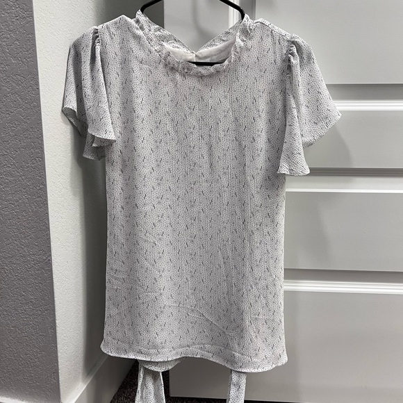 Loft white and dark blue design shell with flutter sleeve and waist tie - Picture 5 of 5